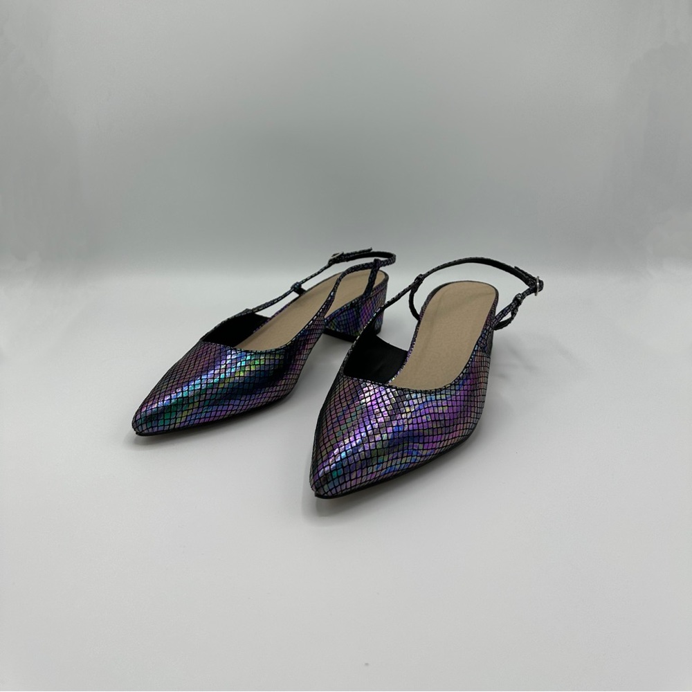 ASOS Leather Holographic Point Toe Slingback Block Short Heel